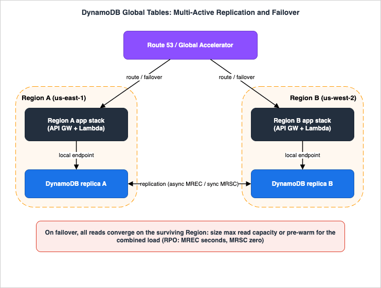DynamoDB global tables: multi-active replication across Regions, conflict handling, and failover with read-capacity convergence