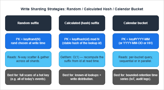 Write Sharding Strategies: Random / Calculated Hash / Calendar Bucket