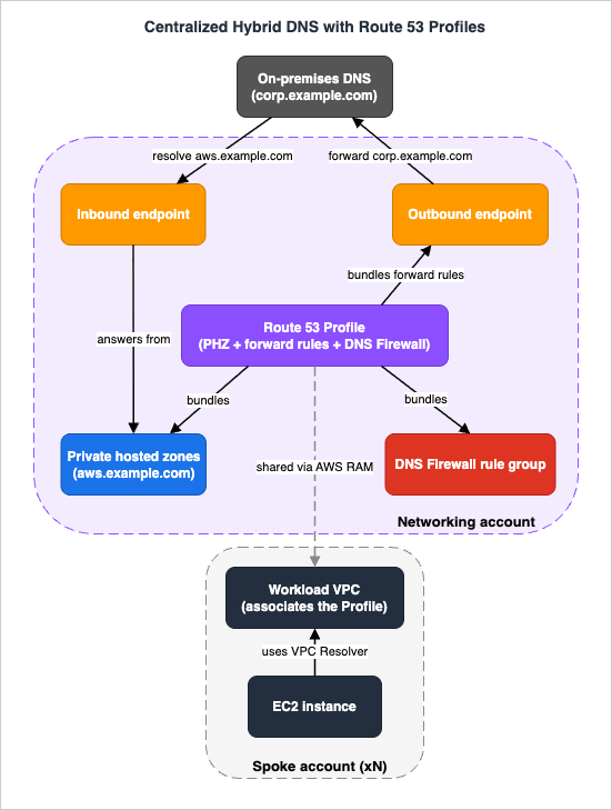 Centralized hybrid DNS architecture with Route 53 Profiles