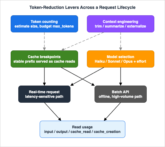 Token-reduction levers across a request lifecycle: token counting and context engineering happen before sending; cache breakpoints and model selection are applied as the request is built; the request is dispatched either as a real-time call or through the Batch API; and the usage object is read afterward to measure input, output, and cache token categories.