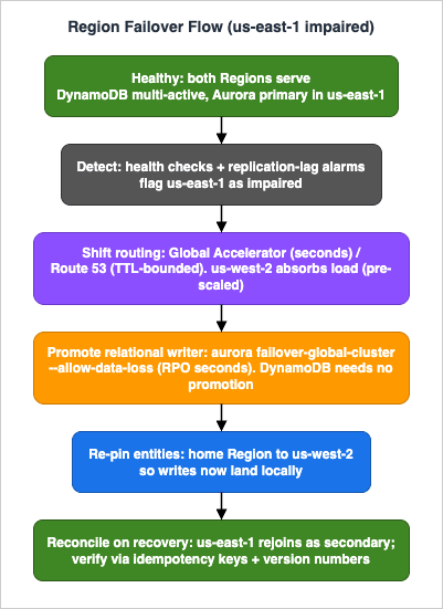 Region failover flow: detect, shift routing, promote the relational writer, re-pin entities, and reconcile
