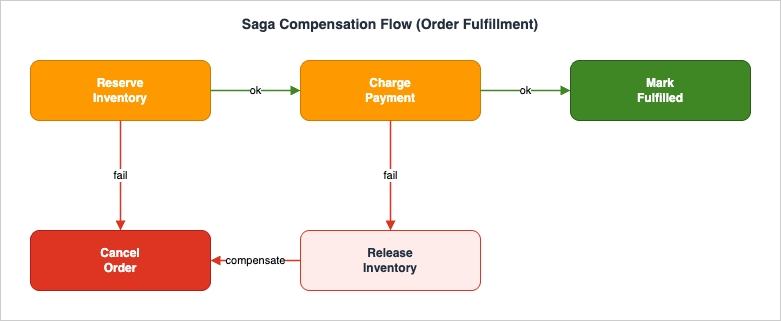 Saga compensation flow for order fulfillment: reserve inventory then charge payment on the forward path to mark fulfilled, with compensating actions (release inventory, cancel order) triggered when a step fails