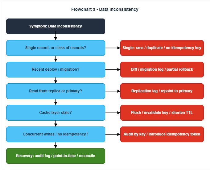 Flowchart: Data Inconsistency - scope by record vs class, then check recent change, replication lag, cache staleness, and idempotency