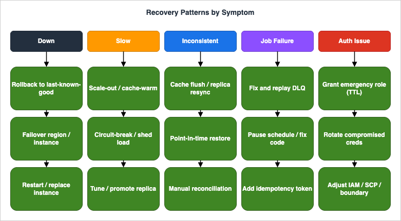 Recovery patterns by symptom - rollback, failover, cache flush, DLQ replay, and emergency permission grant mapped to the five flowcharts