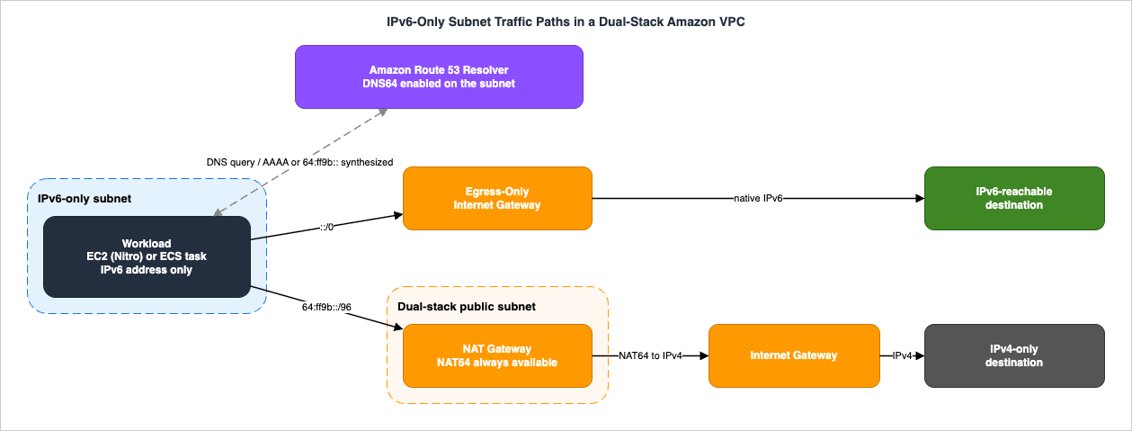 IPv6-Only Subnet Traffic Paths in a Dual-Stack Amazon VPC
