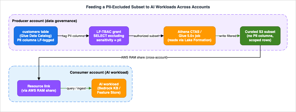 Flow for feeding a PII-excluded data subset to AI workloads, including cross-account sharing