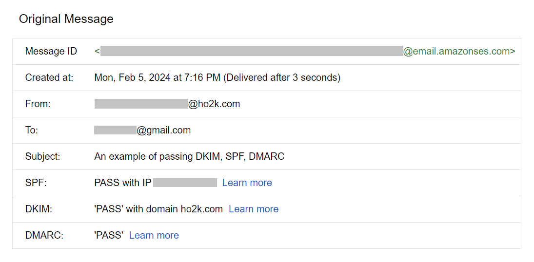Example of the 'Original Message' screen for a Gmail account that has passed DKIM, SPF, DMARC