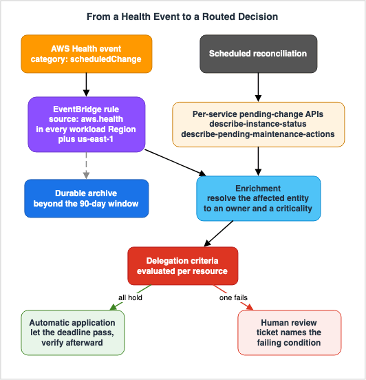 From an AWS Health event to a routed decision - EventBridge, enrichment, and the branch between automatic application and human review