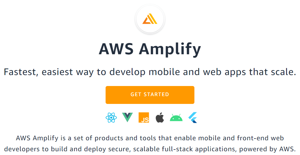 Screenshot of AWS Amplify Console: Fastest, easiest way to develop mobile and web apps that scale.