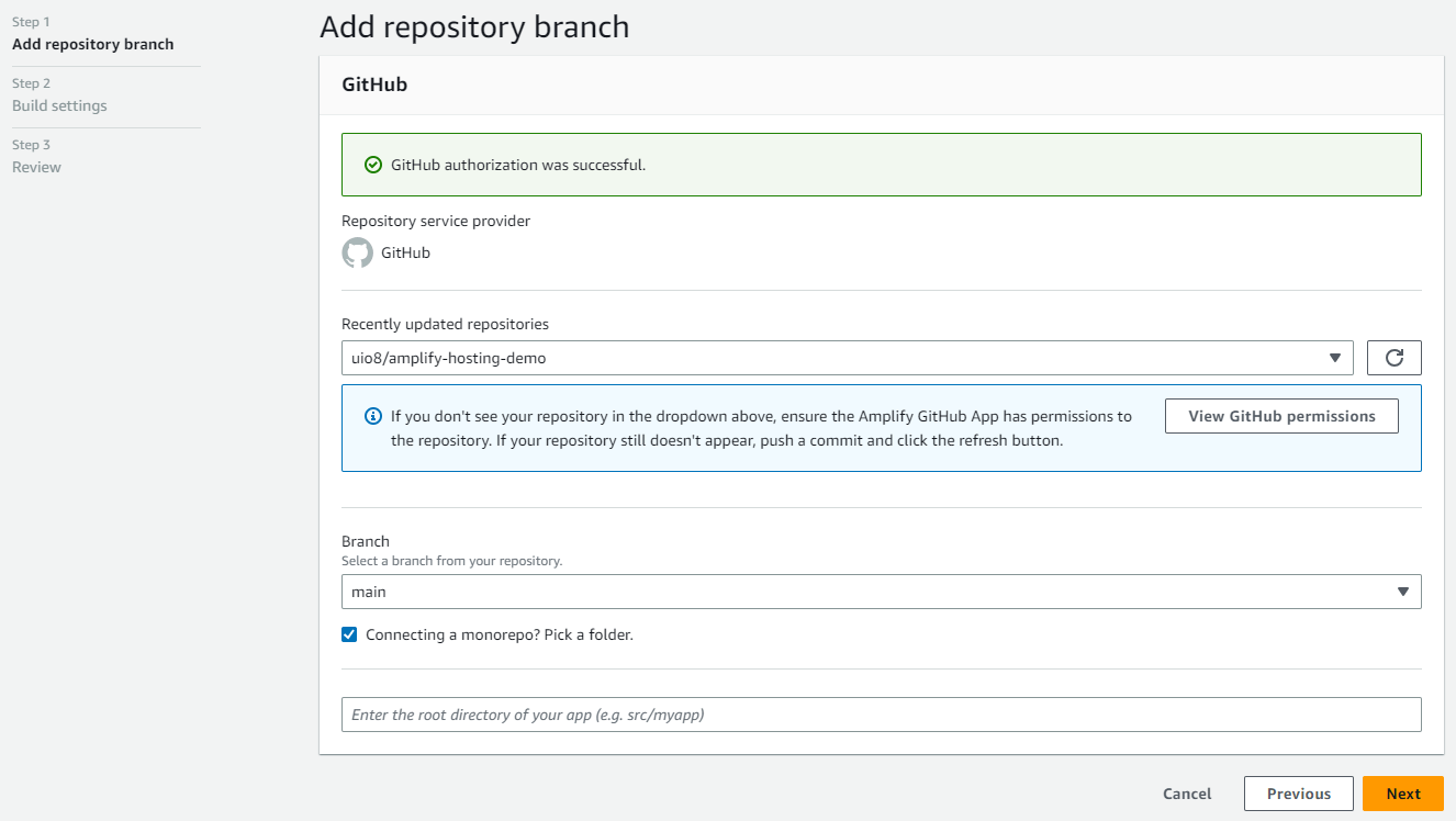 Screenshot of AWS Amplify Console: Add repository branch