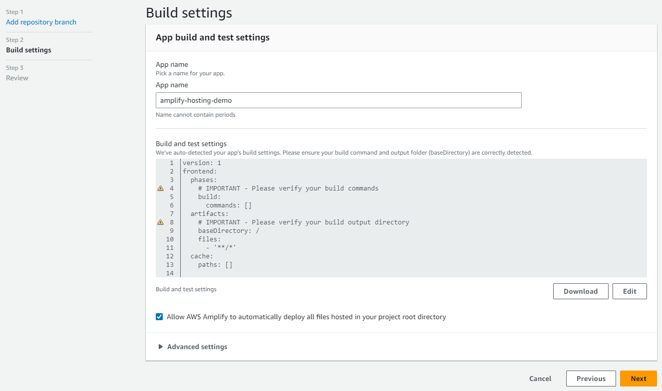 Screenshot of AWS Amplify Console: Build settings
