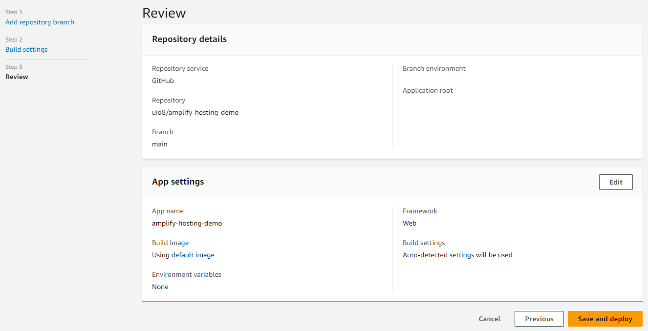 Screenshot of AWS Amplify Console: Review