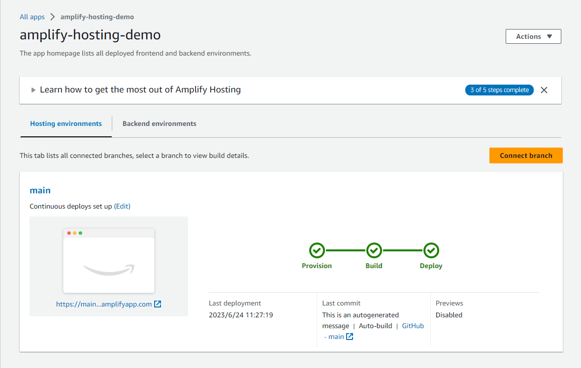 Screenshot of AWS Amplify Console: Hosting environments