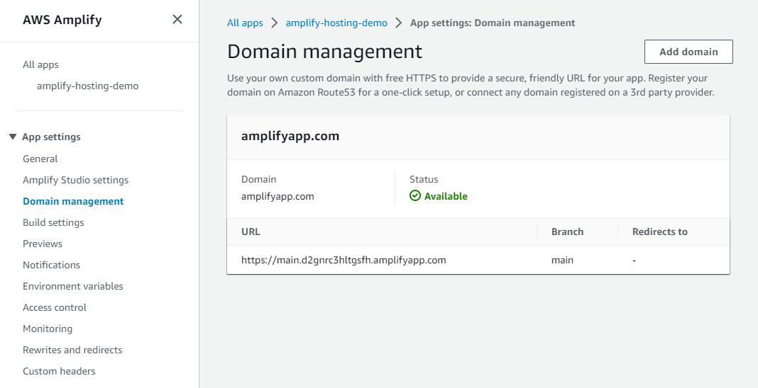 Screenshot of AWS Amplify Console: Domain management