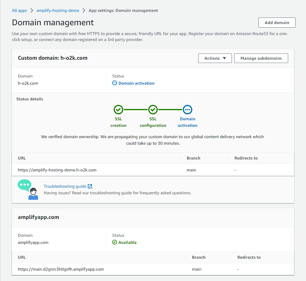 Screenshot of AWS Amplify Console: Progress of SSL Certificate configuration & Domain activation