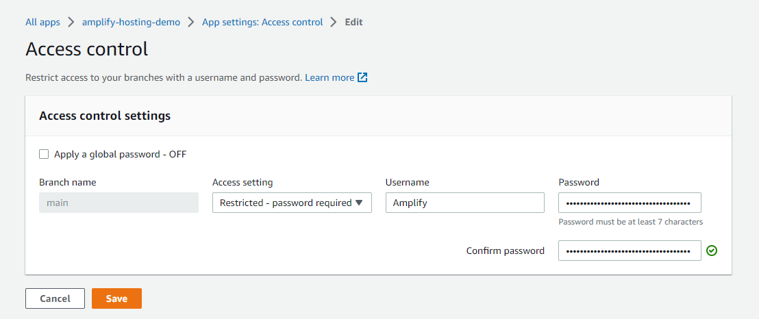 Screenshot of AWS Amplify Console: Access control settings