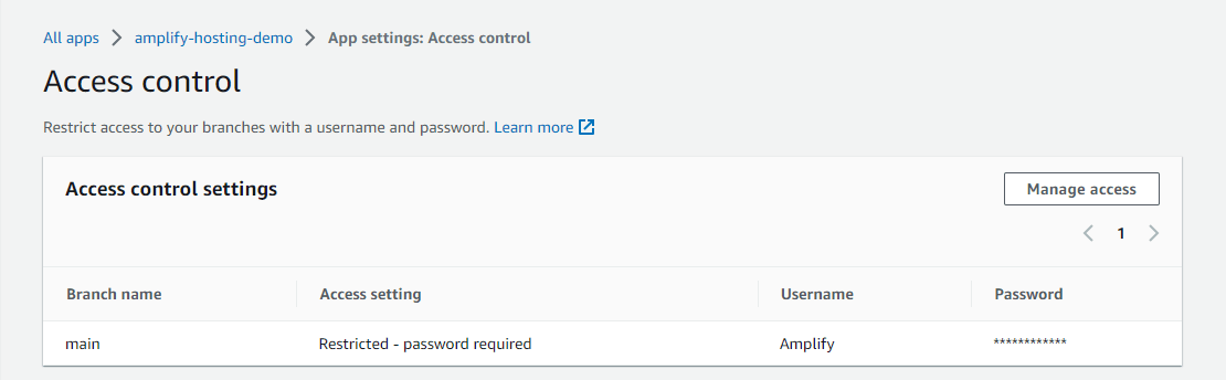 Screenshot of AWS Amplify Console: After Access control settings