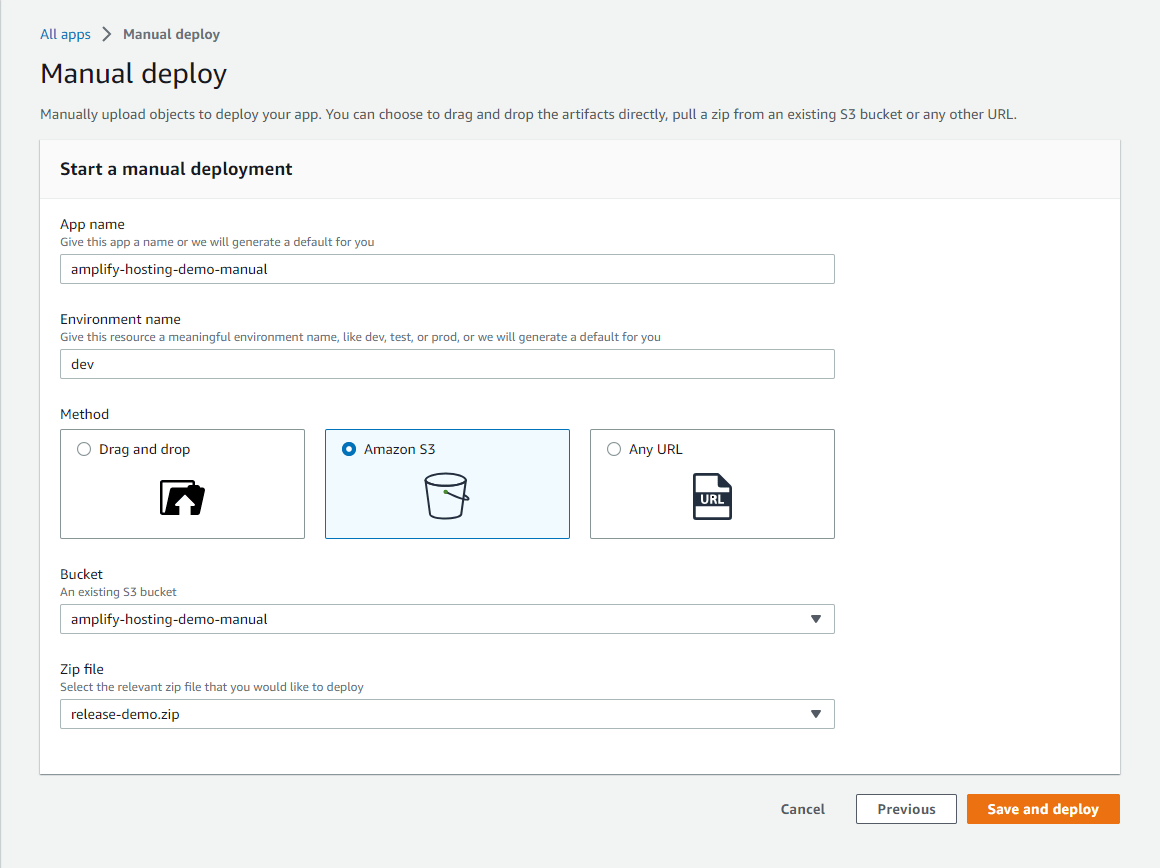 Screenshot of AWS Amplify Console: Manual deployment setup using Amazon S3