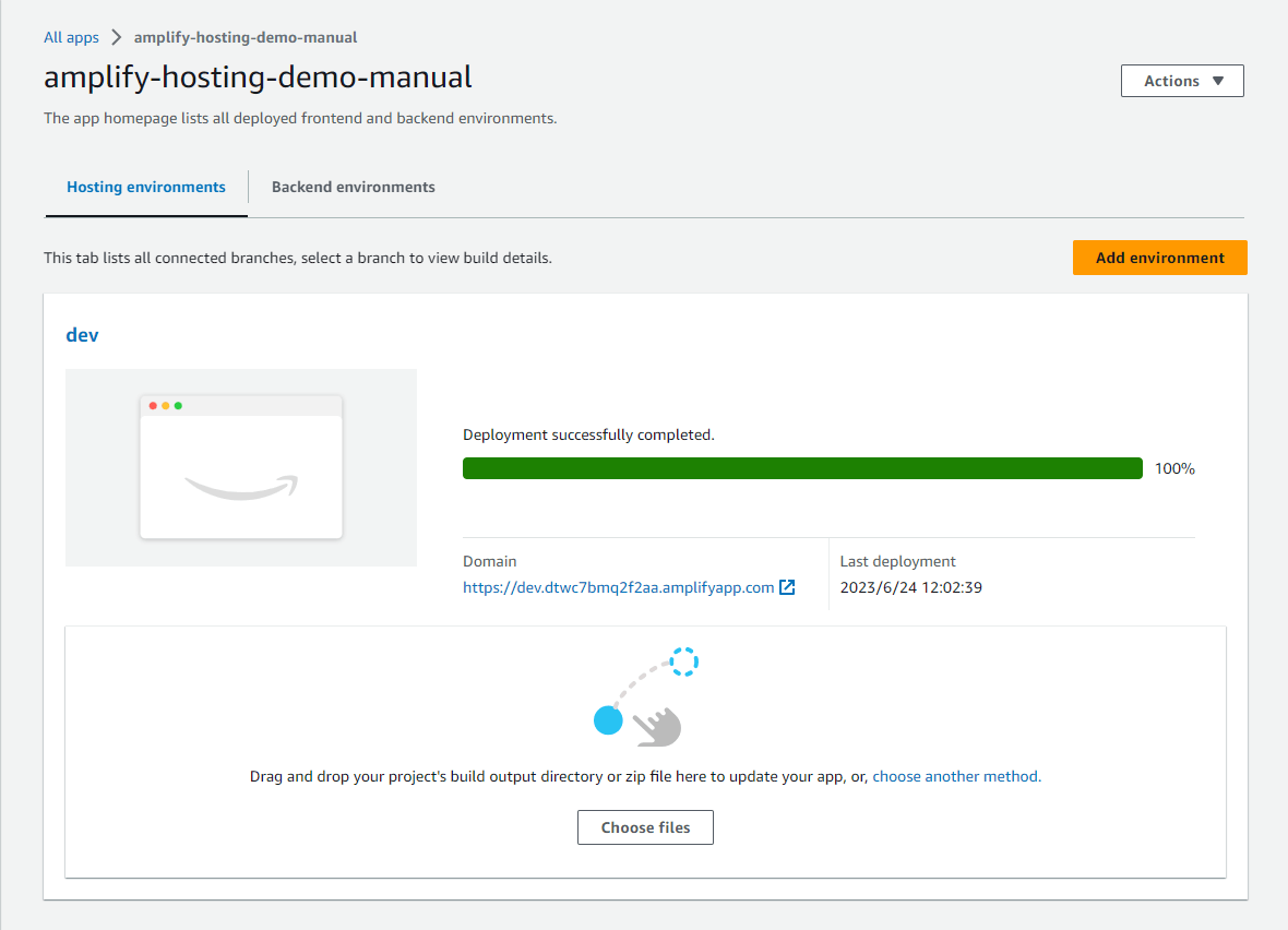 Screenshot of AWS Amplify Console: Hosting environments screen for manual deployment